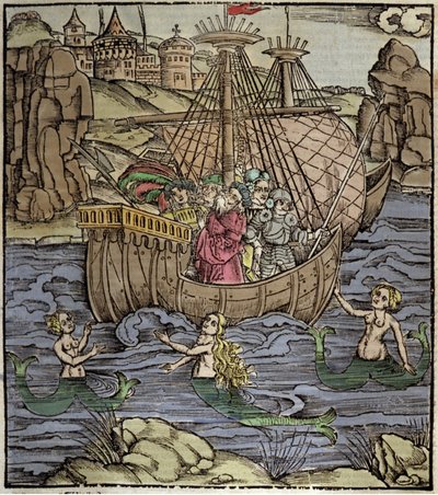 Eneida de Virgilio (70 a.C.-19 a.C.), los héroes troyanos Eneas y sus compañeros cruzan un mar lleno de sirenas. Xilografía de Sebastian Brant (1458-1521). Estrasburgo de German School