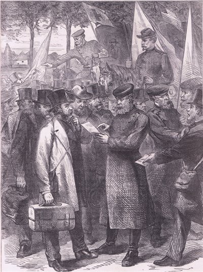 Residentes ingleses dejando París, Historia de la Guerra entre Francia y Alemania de Cassell, publicada por Cassell and Company Limited, c.1890 (litografía) de German School