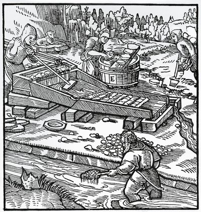 Grabado de De re metallica (Sobre la naturaleza de los metales), por Georg Pawer o Georgius Agricola de German School