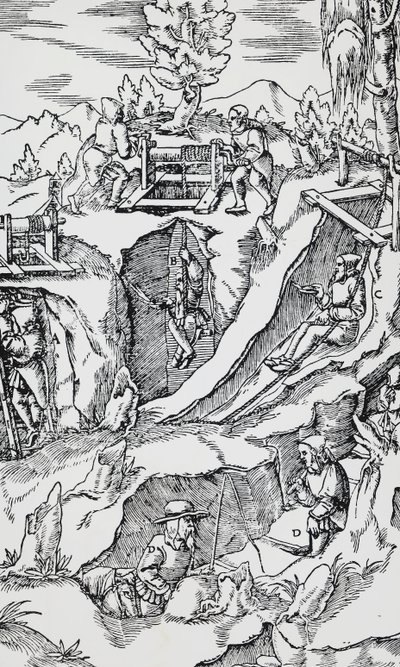 Grabado de De re metallica (Sobre la naturaleza de los metales), por Georg Pawer o Georgius Agricola (1494-1555), publicado en Basilea de German School