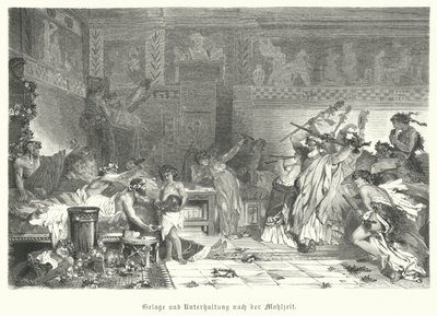 Entretenimiento después de la comida en un banquete romano (grabado) de German School