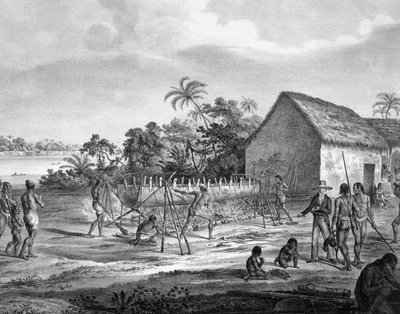 Trueque europeo en el puerto fluvial de la tribu Miranhas, Amiro Japara, ilustración del Atlas de un viaje en Brasil de German School