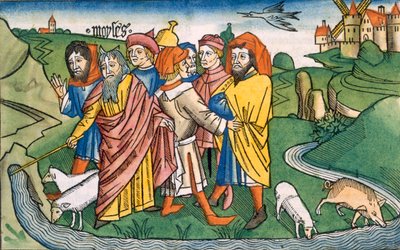 Éxodo 17:1-7 Moisés hace que el agua fluya de las rocas de Horeb, de la Biblia de Núremberg (Biblia Sacra Germanaica) de German School