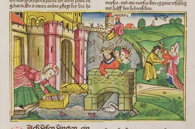 Éxodo 2:1-6 Moisés siendo flotado por el Nilo y descubierto por una de las esposas del Faraón, de la Biblia de Núremberg (Biblia Sacra Germanaica) de German School