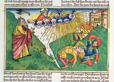 Éxodo 9 13-35 Las siete plagas de Egipto: Moisés y la plaga del granizo y el rayo, de la "Biblia de Nuremberg (Biblia Sacra Germanaica)" (xilografía coloreada) de German School