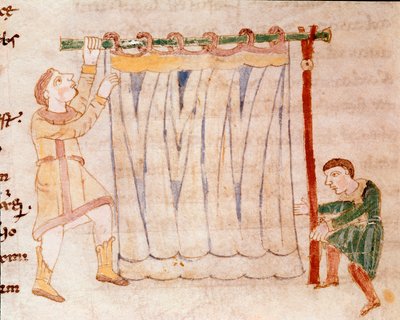 Trabajo de tejido. Miniatura del manuscrito De Universo o De rerum naturis de Rabanus Maurus Magnentius. Siglo IX. Archivo de la Abadía de Monte Cassino de German School