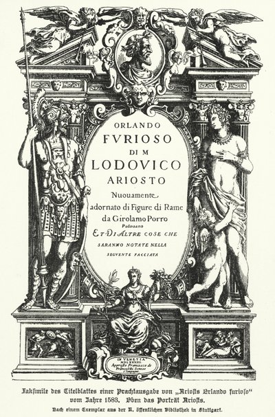 Facsímil de la portada de una edición de 1583 del poema épico Orlando Furioso del poeta italiano Ludovico Ariosto de German School