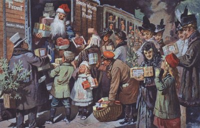 Papá Noel cargando paquetes con regalos en un tren para llevarlos a las tropas alemanas en el frente, Primera Guerra Mundial (litografía en color). de German School