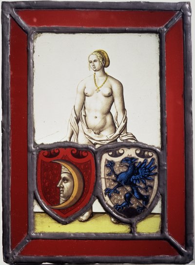 Desnudo femenino sosteniendo dos escudos heráldicos, c.1535 (metal cerámico, vidrio incoloro y transparente, tinte amarillo y pintura vítrea negra) de German School