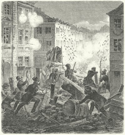 Lucha en una barricada frente al Ayuntamiento de Colln, Berlín, Revolución de 1848 de German School