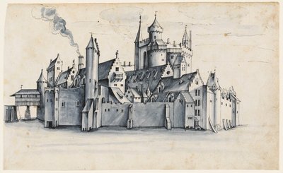 Ciudad fortificada rodeada de agua (pluma y tinta con pincel azul) de German School