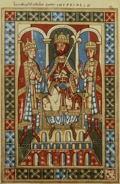 Federico I con sus dos hijos el Rey Enrique VI y el Duque Federico, c.1180 de German School