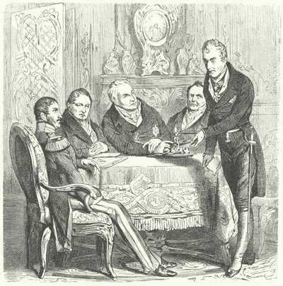 Federico Guillermo III de Prusia en discusiones con su Primer Ministro, Karl August von Hardenberg y Klemens von Metternich, el Ministro de Relaciones Exteriores de Austria (grabado) de German School