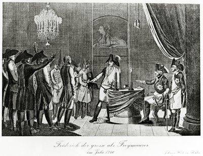 Federico el Grande recibe a su cuñado, Federico, Margrave de Brandeburgo-Bayreuth como masón en Berlín en 1740 de German School