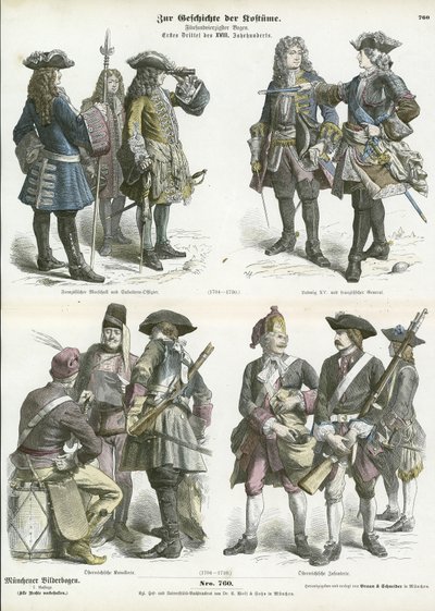 Uniformes militares franceses y austriacos, principios del siglo XVIII de German School