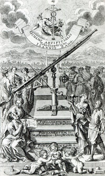 Frontispicio de Oculus Artificialis Teledioptricus Sive Telescopium de Johann Zahn, 2ª edición publicada en 1702 de German School