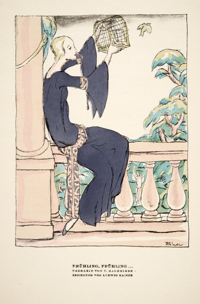 "Frühling, Frühling", anuncio de vestido de té de V. Manheimer, de Styl, pub.1922 (impresión en pochoir). de German School