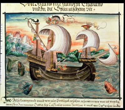 Galeón a toda vela en ruta a Portugal, ilustrado por la familia Color (o Keller) de Nuremberg (vitela) de German School