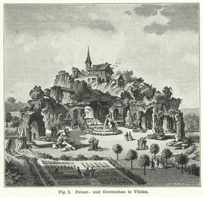 Diseño de jardines: montaña de gruta en el jardín del Conde Johann von Fries, Voslau, Austria (grabado) de German School