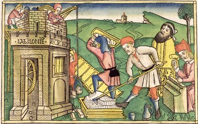 Génesis 11:1-9 Construcción de la Torre de Babel, de la Biblia de Núremberg (Biblia Sacra Germanaica) de German School