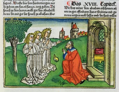 Génesis 18:2 Abraham y los tres ángeles, de la Biblia de Núremberg (Biblia Sacra Germanaica) de German School