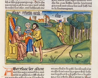 Génesis 27:6-29 Jacob recibe la bendición de Isaac, de la Biblia de Núremberg (Biblia Sacra Germanaica) de German School
