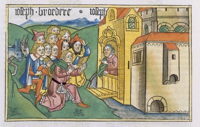 Génesis 42 1-5 Los hermanos de José llegan a Egipto, de la "Biblia de Nuremberg (Biblia Sacra Germanaica)" (xilografía coloreada) de German School