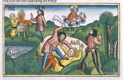 Génesis 4:8 Caín asesina a Abel, de la "Biblia de Nuremberg (Biblia Sacra Germanaica)" (xilografía coloreada) de German School