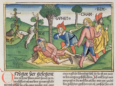 Génesis 9:20-27 Noé cubierto con un manto por sus hijos Sem, Cam y Jafet, de la Biblia de Núremberg (Biblia Sacra Germanaica) de German School