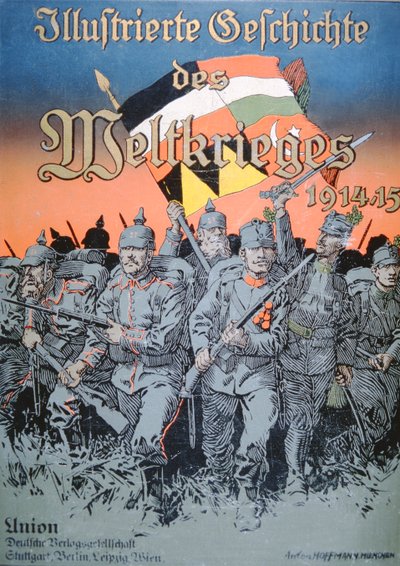 Tropas alemanas y austrohúngaras avanzan hombro con hombro, portada del Libro Ilustrado de la Guerra Mundial 1914-15 de German School