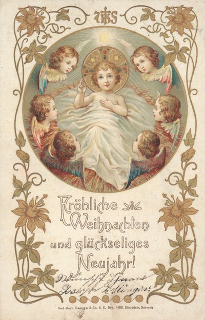 Tarjeta de Navidad alemana (litografía en color) de German School