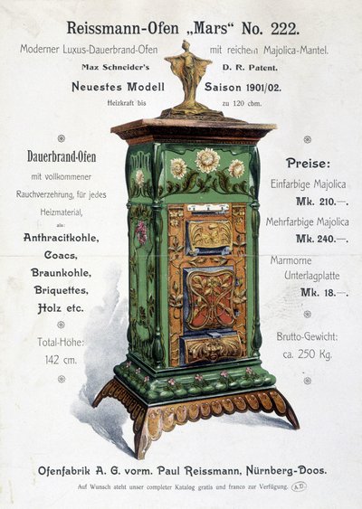 Publicidad alemana para una caldera de estilo art nouveau, finales del siglo XIX de German School