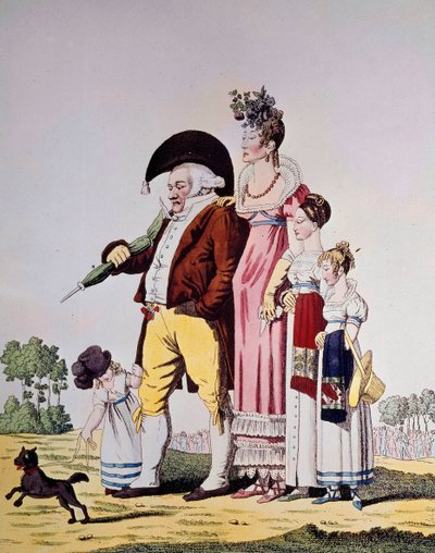 Burgueses alemanes paseando un domingo. Caricatura que representa a una familia alemana vestida de domingo. Grabado del siglo XIX. Berlín. Kunstbibliothek de German School