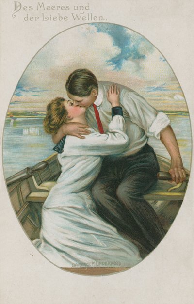 Hombre y mujer alemanes besándose en un bote, tarjeta postal enviada el 10 de septiembre de 1913 de German School