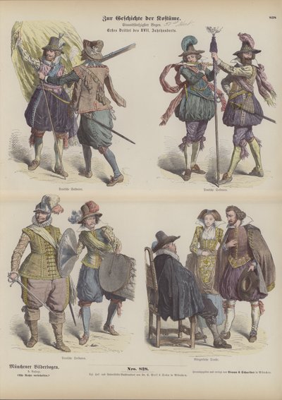 Trajes militares y burgueses alemanes, principios del siglo XVII (grabado coloreado) de German School