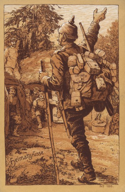 Soldado alemán cargado con correo recibiendo una calurosa bienvenida al regresar a su unidad (litografía) de German School