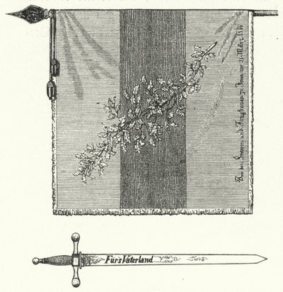 Bandera y espada de la fraternidad estudiantil alemana (grabado) de German School