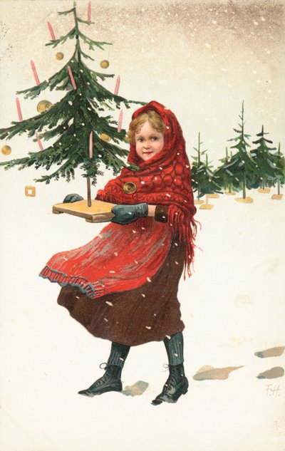 Niña llevando un pequeño árbol de Navidad en la nieve de German School
