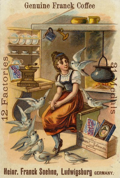 Niña con palomas, anunciando Genuine Franck Coffee de German School