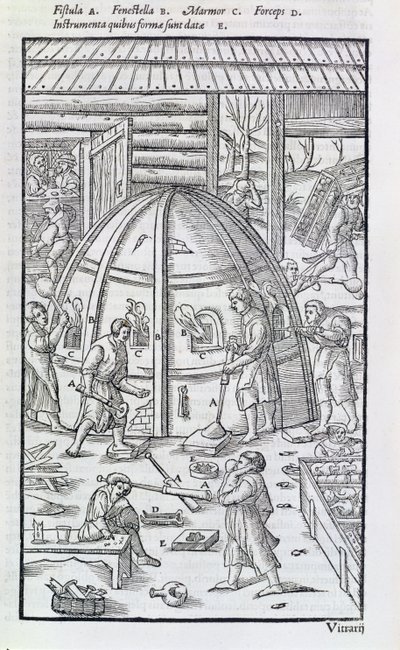 Cristalería, ilustración que muestra el horno de mármol y sopladores de vidrio de German School