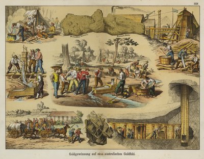 Minería de oro en los campos de oro de Australia (litografía a color) de German School
