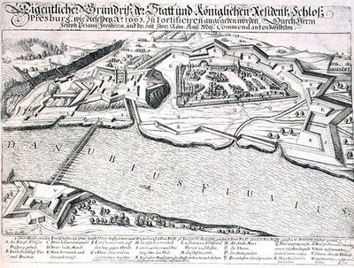 Plano del terreno de la ciudad y el castillo de Pressburg y sus fortificaciones en 1663, ilustración de un libro sobre las campañas otomanas en Europa, grabado por Paul Furst de German School