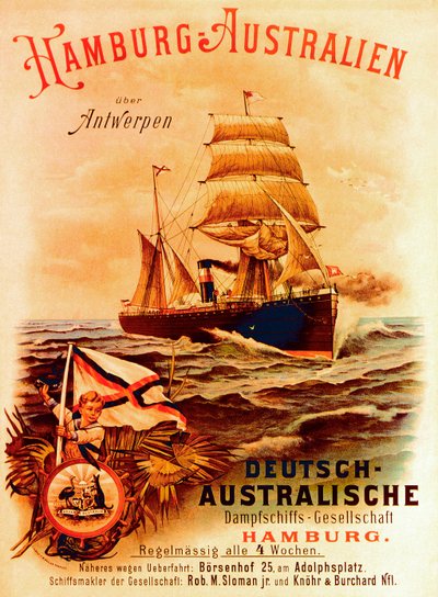 Hamburgo - Australia, póster publicitario de la Compañía de Vapores Alemana Australiana, 1889 de German School