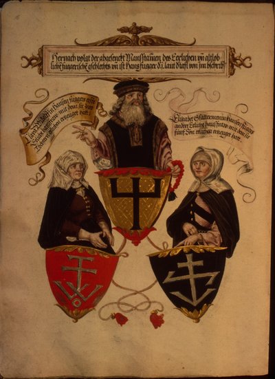 Hans Fugger y sus dos esposas Clara Widolf y Elisabeth Gfattermann, del Geheim Ehrenbuch des Fuggerschen Geschlechts de German School