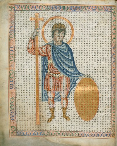 Harley 3045 fol.2 Emperador Luis I, el Piadoso, sosteniendo una cruz y un escudo, de 