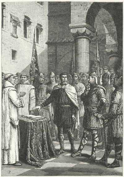 Harold Godwinson jurando un juramento prometiendo apoyar la reclamación de Guillermo de Normandía al trono inglés de German School