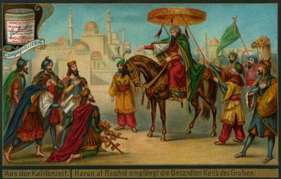 Harun al-Rashid recibiendo a una delegación de Carlomagno, "Episodios del Califato", Liebig Card de German School