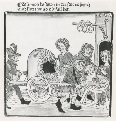 Vendedor de Panqueques y Pretzels, durante el Concilio de Constanza en 1417, después de un incunable, c.1485 de German School