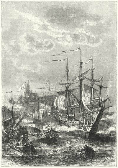Enrique VIII y la flota inglesa desembarcando en Calais de German School