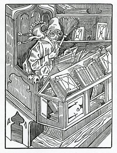 Aquí comienza la locura y primero los libros inútiles, ilustración de la traducción al inglés de Alexander Barclay de 